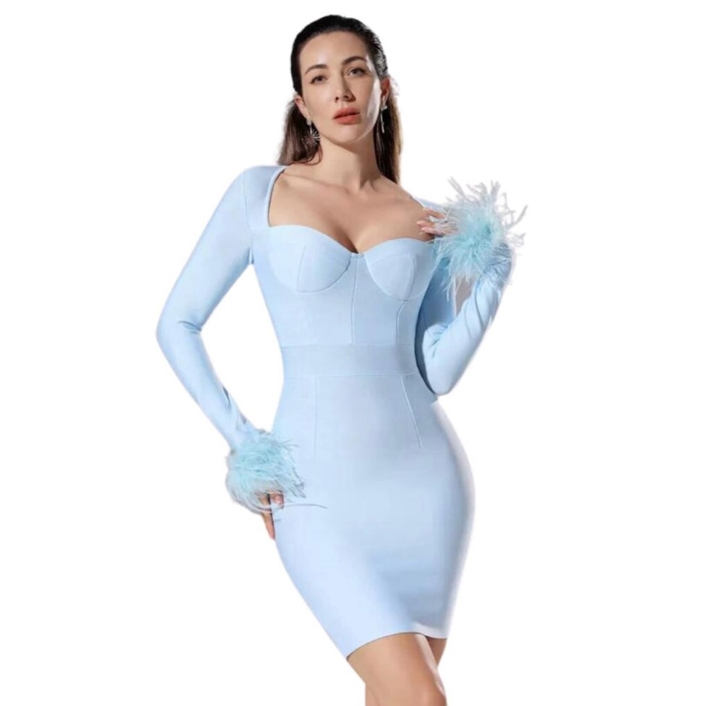 Light Blue Bandage Mini Dress with Ostrich Feather Wrist Cuffs - NWT